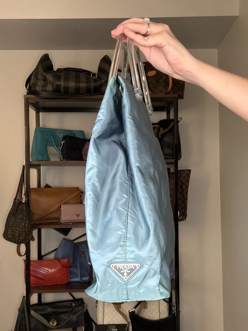 Prada Light Blue Nylon Tote with Clear Acrylic Handles - Picture 11 of 11